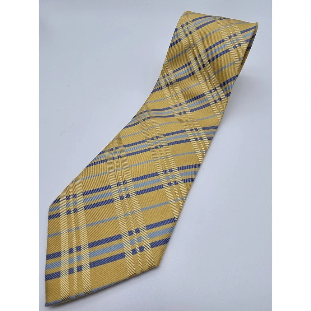 Pronto Uomo 100% Silk Gold Blue Plaid Extra Long Men's Tie 64